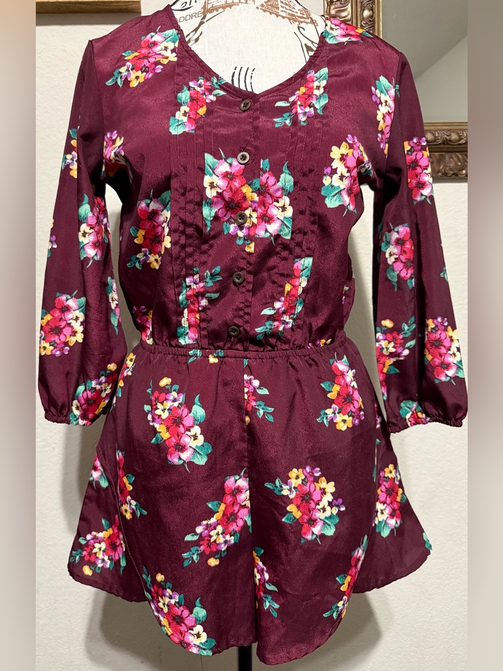 Mimi Chica Burgundy Floral Button-Up Romper